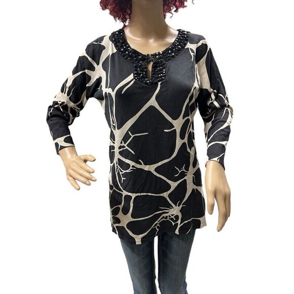 Michael Simon Silk Blend Beaded 3/4 sleeve Sweater Shirt Ivory Black Large - Picture 1 of 11